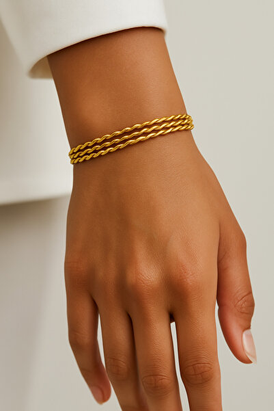 Butik 3'Lü Burma model altın çelik bilezik seti