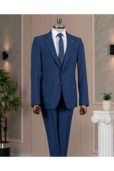 TerziAdemAltun Italian Style S Slim Fit Striped Men's Jacket Pants Suit Blue T12915