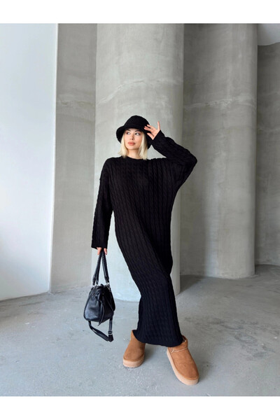 Cool & Sexy Rochie midi tricotată pentru femei, neagră, cu împletitură de păr guler rotund