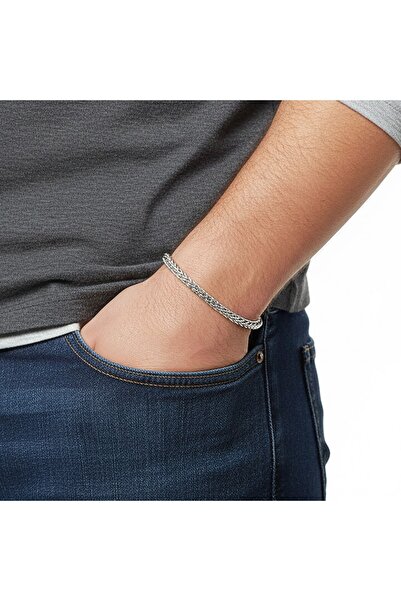 AKSESUARIM Men's Fox Tail Steel Chain Bracelet 4mm Angled