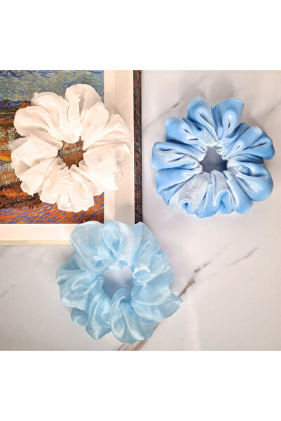 patlangaç Kış Mavi Kadife Lastik Toka 3'lü Set - Beyaz Tül Lastik Toka Kar Ta...