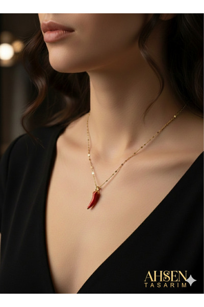 staınless steel Paslanmaz Çelik Gold Renk Zincir Detaylı Kırmızı Biber Kolye - Şans Kolyesi Bolluk , Bereketlik