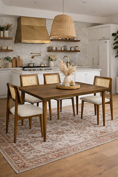 Lif Mobilya 4 Kişilik Hasır Sandalye Yemek Takımı MDF Masa Koyu Ceviz Renk