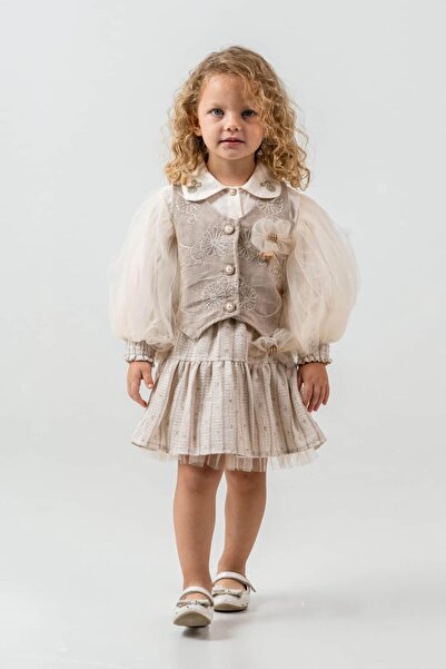 Pinkitokids Σετ 3 τεμαχίων με κεντημένη λεπτομέρεια από τούλι-Μπεζ