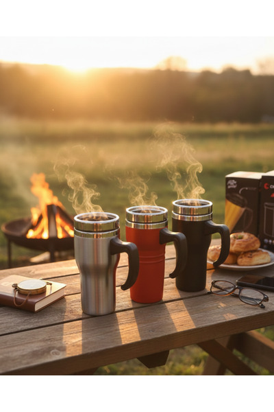 MHT Steel Thermos Cup 450 ml - Leakproof Lid Coffee Cup with Handle (Silver-R...