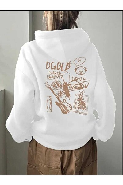 Le Savu Rock Dgold Streetwear Printed Oversized Hooded White Color Sweatshirt