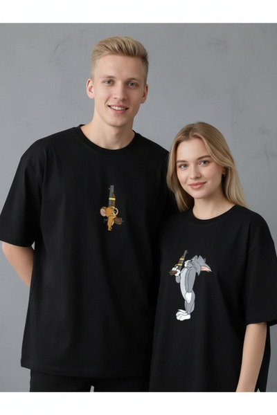 Modaikon Unisex Kadın Erkek Tom Ve Jerry Düello Baskılı Sevgili Çift Tişört K...