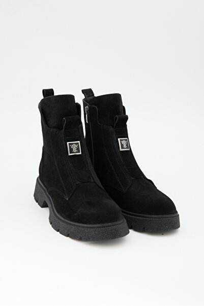 Jande حذاء نسائي من جلد الغزال الأسود ذو سحاب ونعل سميك – حذاء كاجوال وشتوي م...