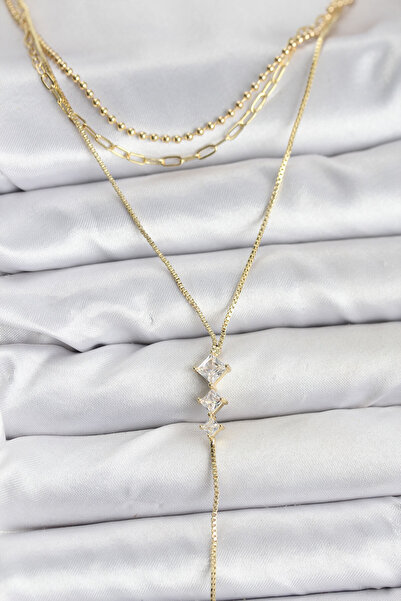 Skygo Brass Gold Color Zircon Stone Detailed 3-Piece Combination Y Women's Necklace - Tj-Bko10691