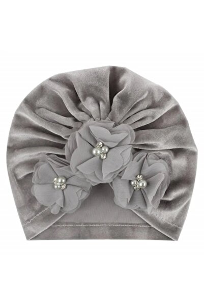 Superbaby Gray velvet turban hat with appliquéd flowers