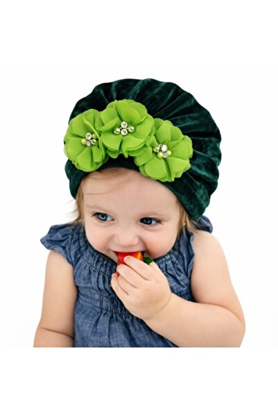 Pure Boutique Caciulita verde tip turban din catifea cu flori aplicate