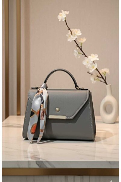 METEBAGS Gri Suni Deri Fular Detaylı Çapraz Askılı Omuz& El Çantası