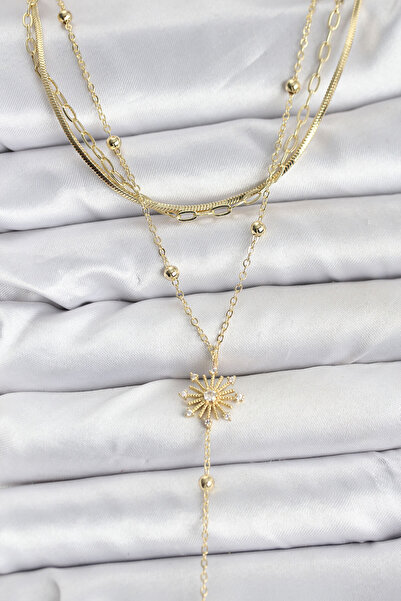 Skygo Brass Gold Color Zircon Stone Model Detailed 3-Piece Combination Y Women's Necklace - Tj-Bko10700