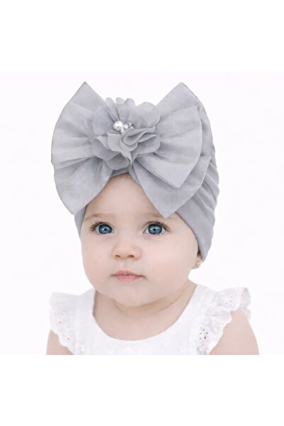 Pure Boutique Gray turban hat with satin bow applied to the front