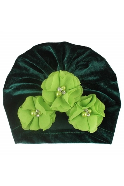 Superbaby Green velvet turban hat with appliquéd flowers