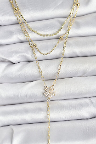 Skygo Brass Gold Color Zircon Stone Flower Model Detailed 3-Piece Combination Y Women's Necklace - Tj-Bko10697
