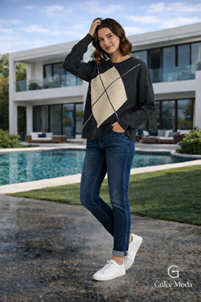 Gülce moda Women's Oversized Diamond Pattern Thick Winter Knitwear Sweater