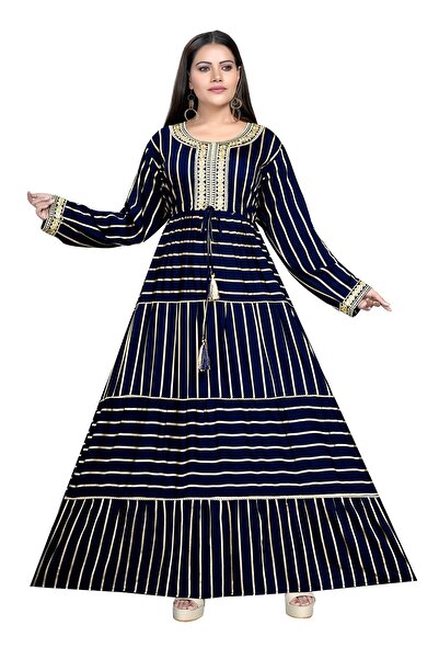 Zainah Elegant Tiered Jalabiya with Gold Embroidery -Long Sleeve Round Neck Evening Gown Striped Maxi Dress