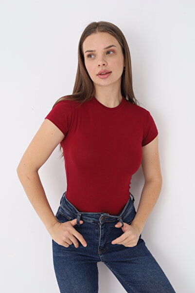 SIR İç Giyim بودي نسائي باللون العنابي بأكمام قصيرة وياقة دائرية