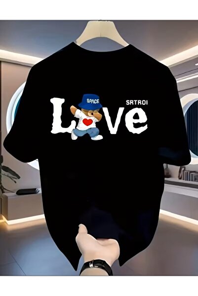 LELVANİ تي شيرت LOVE مطبوع بنمط دمية الدب - نمط الشارع الرجعي للجنسين