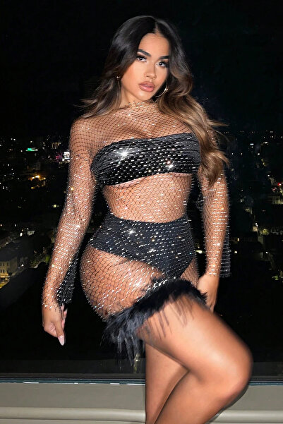 Sofya Passion Kristal Taşlı Tüylü Transparan Elbise – Uzun Kollu, Işıltılı, Özel Gece Tasarımı