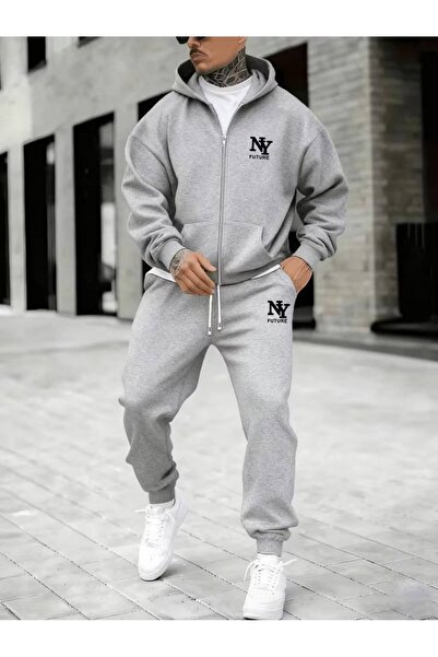 CLASSY.MODA Set de trening pentru bărbați, cu cu glugă fire, cu fermoar, text B cu imprimeu confortabil, K croială