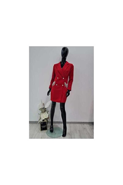 OEM RED JACKET DRESS WITH RHINESTONE POCKETS - RED, 42