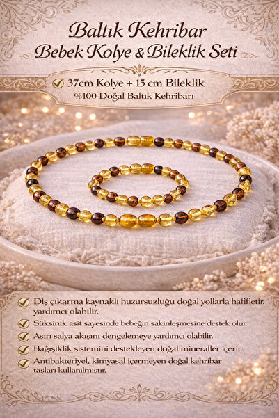İyyaKee Baltic Amber Baby Necklace & Bracelet Set (37 cm + 15 cm) – Natural T...