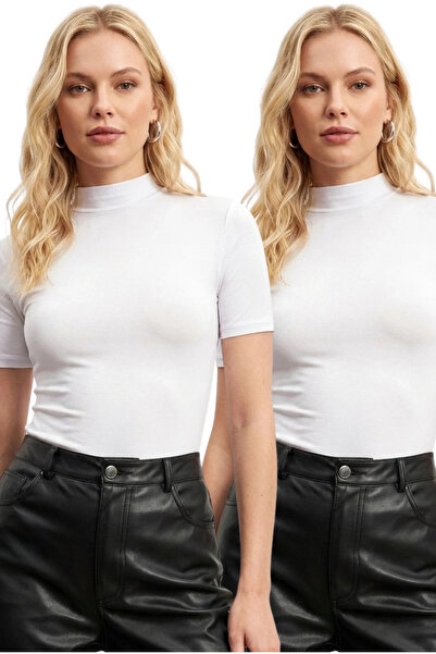 MetuCA Women's 2-Pack White Half Turtleneck Short Sleeve Stretchy Cotton Basi...