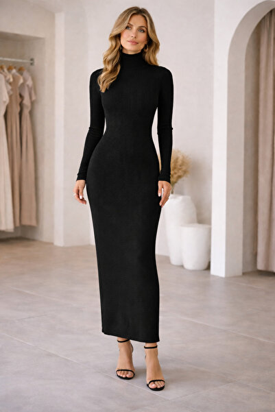 buğlem collection Women's Long Sleeve High Neck Bodycon Ribbed Knit Elegant Pencil Dress (125 cm)