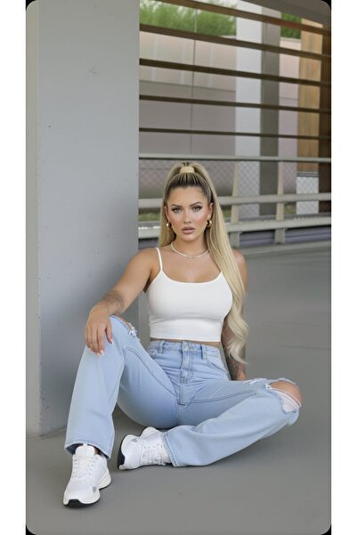 Trn JNS Lina 90's material elastic Pantaloni de blugi largi pentru femei, alb...
