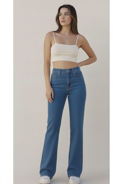 NWC Lissa 90's material elastic Casual Blue Blugi de damă Super talie înaltă ...