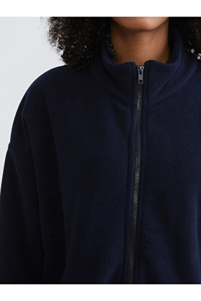 LC Waikiki Navy Blue Mock Neck Women's Fleece Cardigan