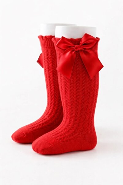 Pure Boutique Red three-quarter socks with fabric pattern and satin bow