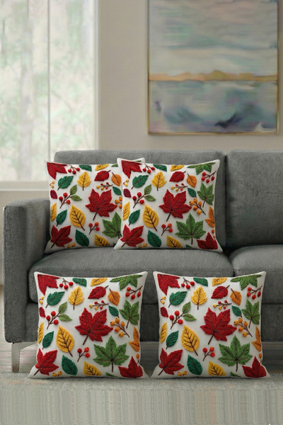 Hayal Dekoratif Embroidery Knit Patterned 3D Digital Printed Autumn Themed Leaf 4-Piece Digital Printed Throw Pillow Cover