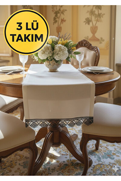 Durushe 3 lü Takım Lia Siyah Dantel Biyeli Modern Runner + 2'li Amerikan Serv...