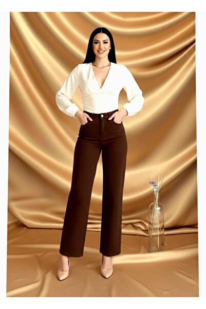 NWC Lissa 90's Stretch Fabric Casual Brown Women's Super High Waist Wide Leg ...