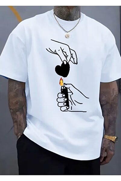 LELVANİ تي شيرت بنمط طباعة برتقالي حيوي، بتصميم تجريدي على شكل قلب وقبضة يد