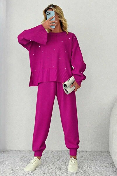 FİFTY ONE Kadın Fuşya Taş Detaylı Triko İkili Takım