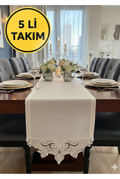 Durushe 5’li Arianna Runner & Sunumluk – Dantel Detaylı Şık Masa Ortası Runne...