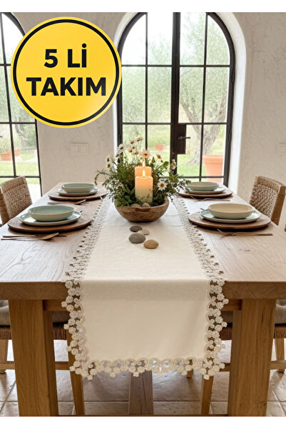 Durushe 5 li Takım Çiçek Motifli El İşçiliği Dantel Oyası Runner 2 Yan Sehpa ...