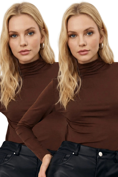 MetuCA Women's 2-Piece Brown Turtleneck Long Sleeve Bodycon Cotton Blouse