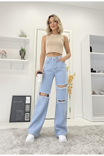 NWC Lina 90's Stretch Fabric Ripped Loose Women's Light Blue Super High Waist...