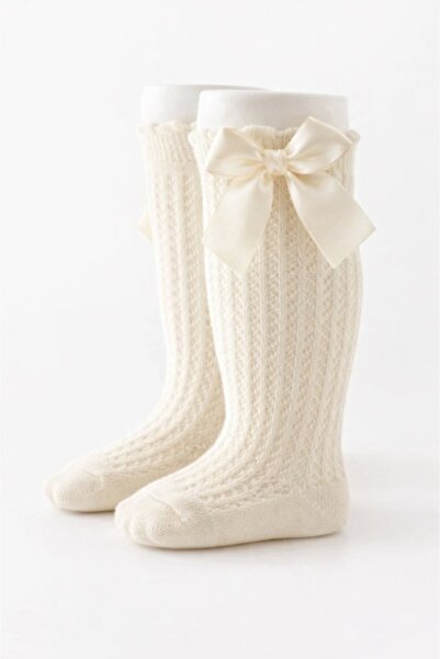 Pure Boutique Ivory three-quarter socks with fabric pattern and satin bow
