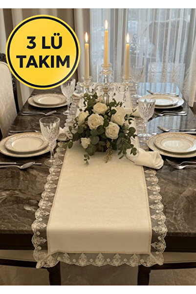Durushe 3 lü Takım Belinda İnce Fransız Dantel Kenarlı Masa Runner + 2'li Ame...