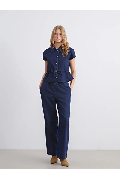 LC Waikiki Navy Blue Elastic Waist Wideleg Women's Jean Trousers