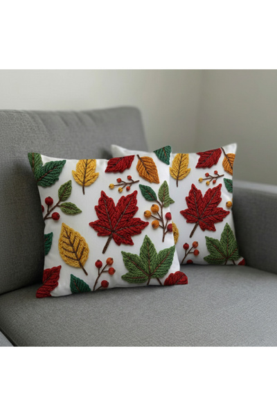 Mumi Dekor Punch Embroidery Knitted Patterned Autumn Themed Red Yellow Colored Digital Printed 2-Piece Throw Pillow Cover