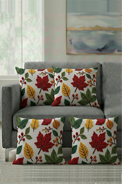 Pillow Dream Autumn Themed Punch Embroidery Mesh Patterned Digital Printed Leaf 4-Piece Sofa Cushion Throw Pillow Case