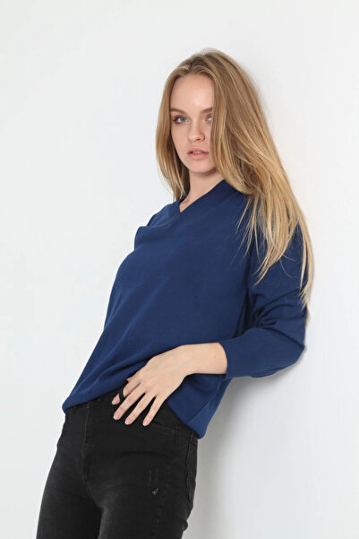 TİANA    Unisex Long Sleeve V-Neck Knitwear Sweater - Indigo