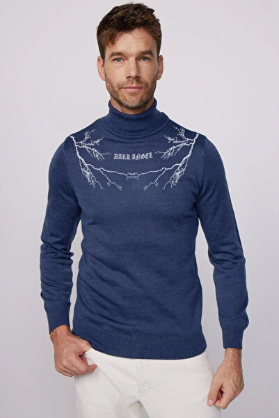 Generic Brand Men's Half-Turtleneck Sweater Printed Woven Knitwear - Indigo